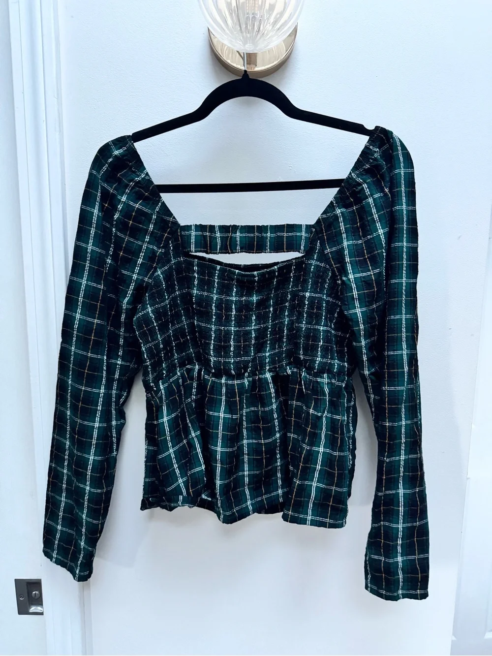 Old Navy Green Plaid Smocked Long-Sleeve Peplum Top